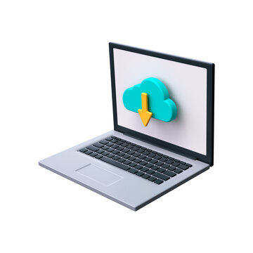 3d cloud download icon. Cloud data storage in a laptop..