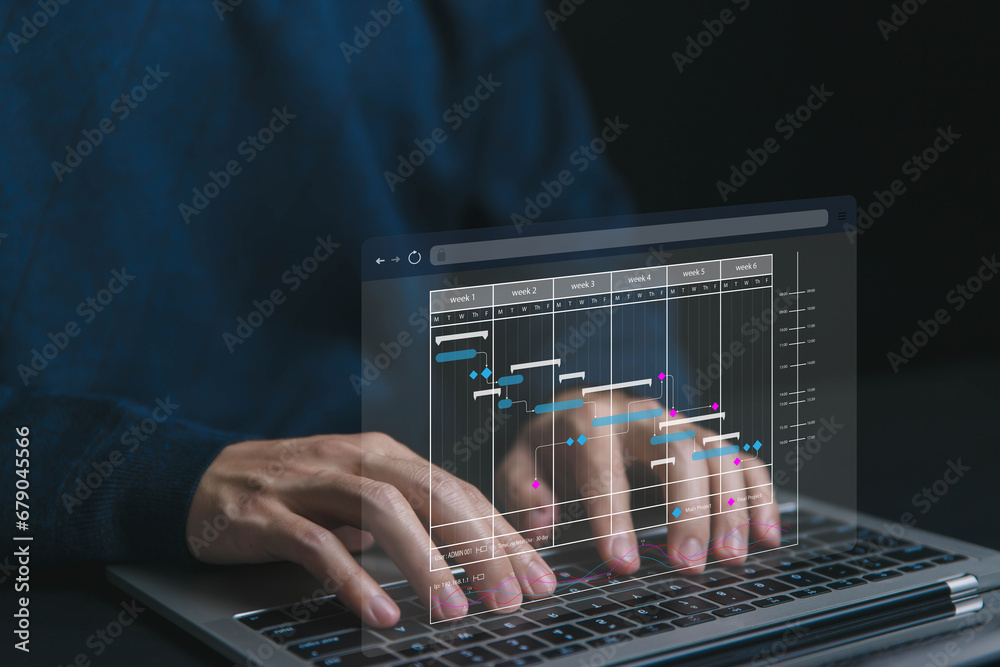 Poster businessman work update and workflow, schedule plan management shows a timeline gantt chart in techn