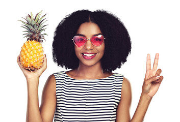 Woman, portrait and pineapple with peace sign for summer, holiday or vacation and gen z sunglasses....