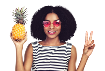 Woman, portrait and pineapple with peace sign for summer, holiday or vacation and gen z sunglasses. Happy face of african person with tropical fruit and v emoji isolated on transparent png background