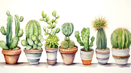 Glasschilderij Cactus in pot Set of watercolor cactus in a pot illustration
