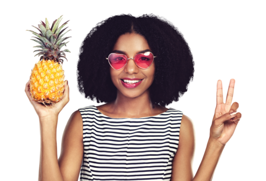 Woman, portrait and pineapple with peace sign for summer, holiday or vacation and gen z sunglasses. Happy face of african person with tropical fruit and v emoji isolated on transparent png background
