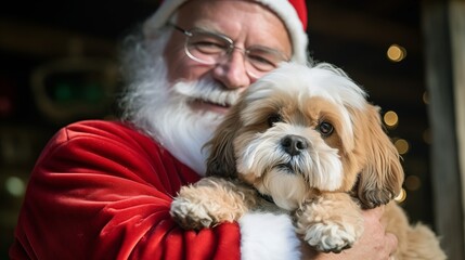 a man in a santa suit holding a small dog