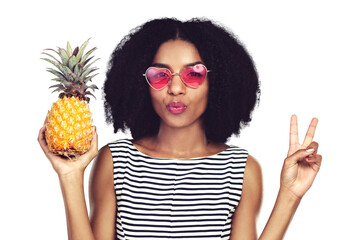 Isolated woman, pineapple and sunglasses with peace sign, heart glasses and kiss by transparent png...