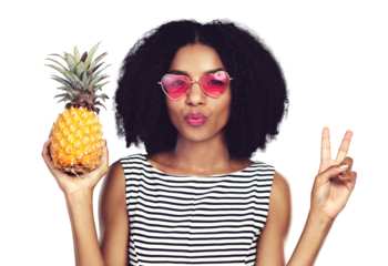 Isolated woman, pineapple and sunglasses with peace sign, heart glasses and kiss by transparent png background. African girl, sustainable fruit and emoji with summer style, fashion and vote with diet