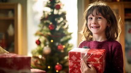 a little girl holding a present near a Christmas tree