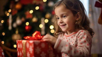 Fototapeta na wymiar a little girl opening a Christmas present in front of a Christmas tree