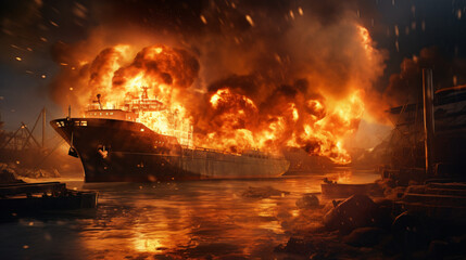Fire in the seaport burning ship cargo ship - obrazy, fototapety, plakaty