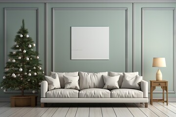 Living room decorated for Christmas with trees, gifts, walls, posters, canvas, full screen mockup, paint, frames. by Generative AI