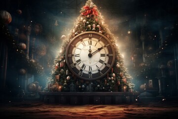 Countdown Christmas clock on decorated tree. Winter merry Christmas night festive tradition. Generate ai - obrazy, fototapety, plakaty