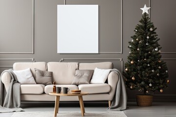 Living room decorated for Christmas with trees, gifts, walls, posters, canvas, full screen mockup, paint, frames. by Generative AI