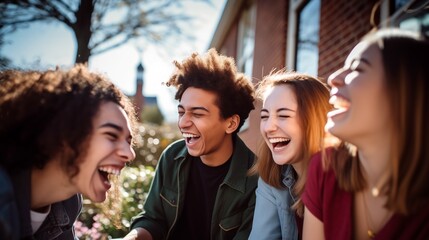 a group of young people sitting and laughing next to each other