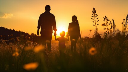 father, mother and kid are walking through a field at sunset