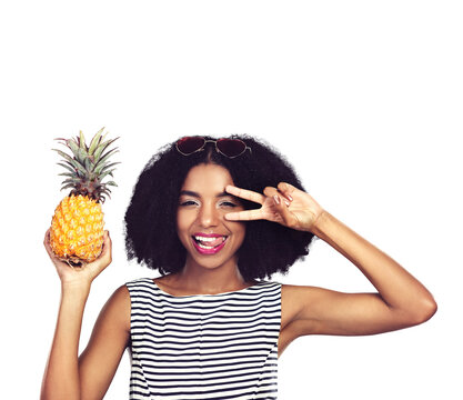 Isolated woman, pineapple and portrait with peace sign, heart sunglasses or tongue by transparent png background. African girl, sustainable fruit and emoji for summer style, fashion or vote with diet