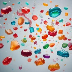 The concept of a jelly dessert of various colors and forms floating in the air on a clean background -Generative AI