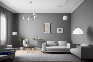 Fototapeta premium Creative Drawing Room, Wall Paint Color Primer Gray with Sofa