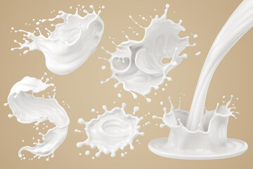 Set of Milk splash and pouring, yogurt or cream include Clipping path, 3d illustration. - obrazy, fototapety, plakaty