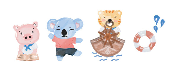 watercolor hand drawn illustration little hippo, elephant, pig, tiger sailor costume. Animal pirates.Captain. Childish illustration book