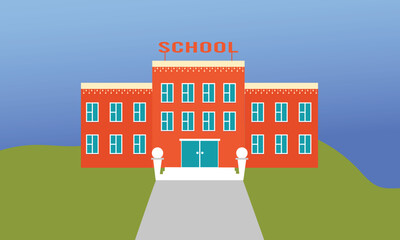 School building with landscape in background. Vector illustration.