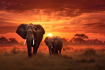 elephants in the sunset in the savannah 