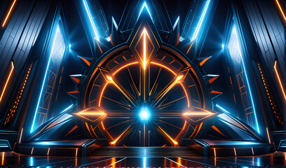 3D abstract background with neon lights. Futuristic sci-fi tunnel. 3d rendering