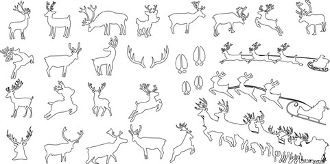 Fototapeta na wymiar Reindeer line art vector illustration. Minimalistic design, multiple poses. Perfect for Christmas, winter, holiday themes. Scandinavian, Nordic style. Ideal for graphic design, art, doodle, cartoon. 