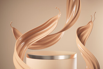 minimal pedestal podium display with brown foundation cream, stage showcase for beauty and cosmetics product, 3d illustration. - obrazy, fototapety, plakaty