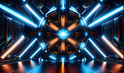 abstract futuristic tunnel corridor with glowing neon lights 3d rendering wallpaper background