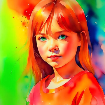 Cute bright teenage girl with red hair and green eyes. Portrait, watercolor illustration.