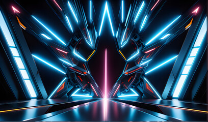 3D abstract background with neon lights. 3d illustration of scifi tunnel