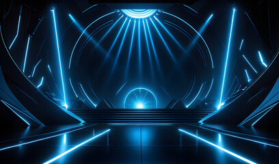 3D abstract background with neon lights, neon tunnel, empty stage