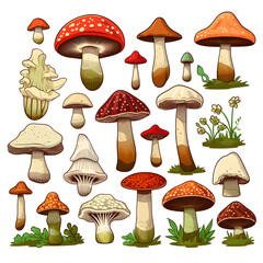 Colourful set of cartoon mushrooms. Ideal for 2d game design, or print pattern