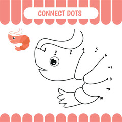 Dot to dot activity worksheet for preschool kids.  Connect dots. Shrimp. Vector Illustration.