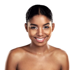 Skincare portrait, happy woman and face in natural beauty isolated on a transparent PNG background. Female person or model smile in facial treatment for dermatology, cosmetics or makeup glow or shine