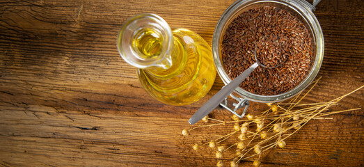 flax oil and flax seed, linseed close up in the detail