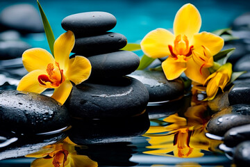 Beautiful orchids and stones for spa treatments and relaxation