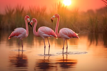 Beautiful flamingos in water during sunset