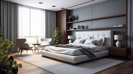 Interior design Big modern Bedroom. Stylish room interior with big comfortable bed. generative ai