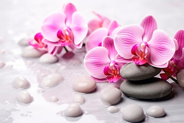 Fototapeta na wymiar Beautiful orchids and stones for spa treatments and relaxation 