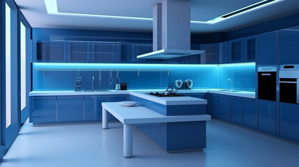 Fototapeta na wymiar Interior of modern kitchen in blue tones. Interior of modern kitchen with blue wall. generative ai
