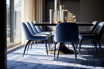 dining room with blue carpet and chairs