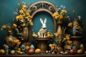 Easter decorative podium with bunny and multicolored eggs. Spring floral composition with Easter...