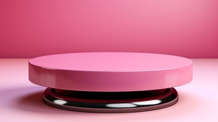 A podium or circular base is placed on a plain pink background, suitable for use as a template to depict products with a modern style