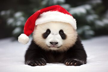 Fototapeta na wymiar Cute panda bear wares Chritmas hat under snow fall in Christmas Day