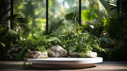 Empty stone round podium in green tropical garden with copy space for product display