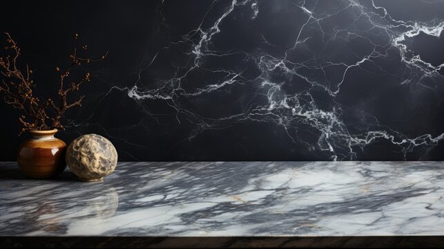Empty white marble table on black marble background
