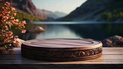 Obraz premium Empty wooden round podium on wooden floor with sea, island and beach background