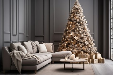 Obraz premium Living room decorated for Christmas with trees, gifts, walls, posters, canvas, full screen mockup, paint, frames. by Generative AI