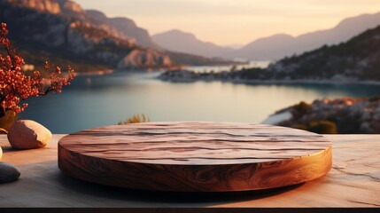 Fototapeta premium Empty wooden round podium on wooden floor with sea, island, and beach background