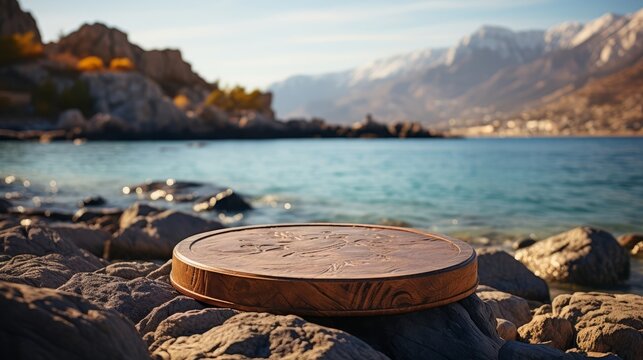 Empty wooden round podium on wooden floor with sea, island and beach background